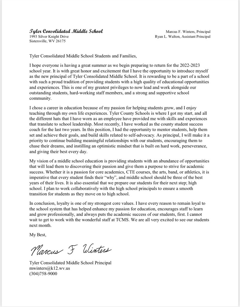 TCMS Principal Letter